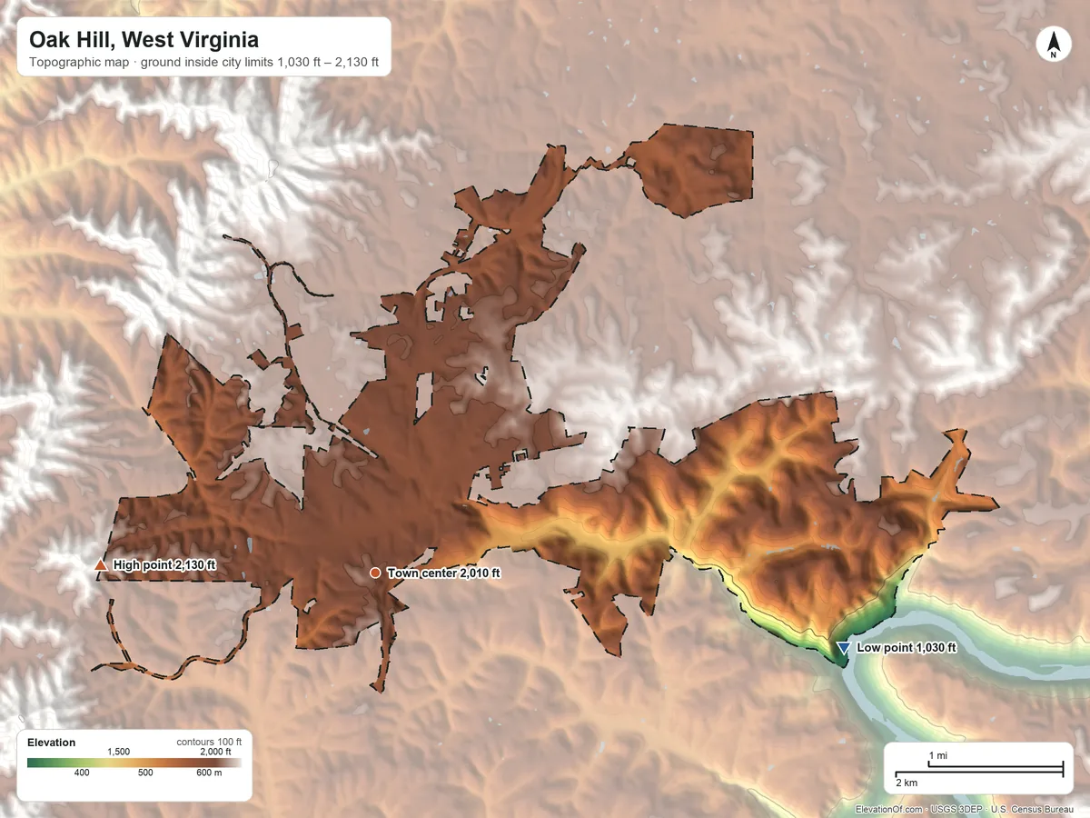 Topographic elevation map of Oak Hill, West Virginia, shaded from 1,030 ft on the east side to 2,130 ft on the west edge, below higher ground just outside