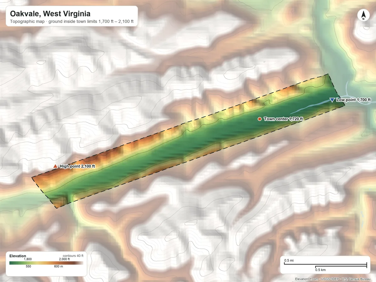 Topographic elevation map of Oakvale, West Virginia, shaded from 1,700 ft on the east side to 2,100 ft on the west edge, below higher ground just outside