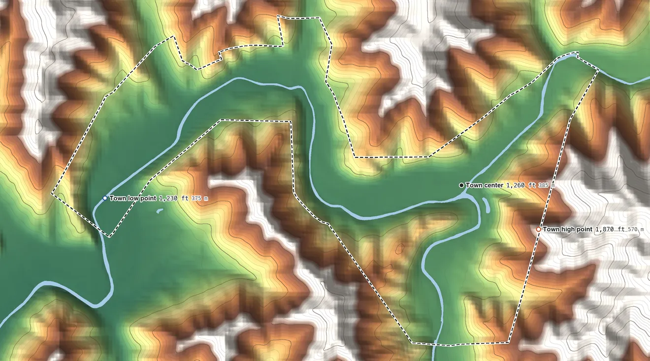 Topographic elevation map of Oceana, West Virginia, shaded from 1,230 ft on the west side to 1,870 ft at the foot of the Huff Mountain