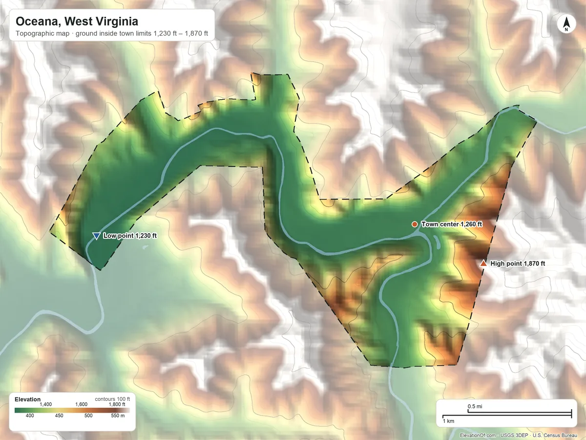 Topographic elevation map of Oceana, West Virginia, shaded from 1,230 ft on the west side to 1,870 ft at the foot of the Huff Mountain