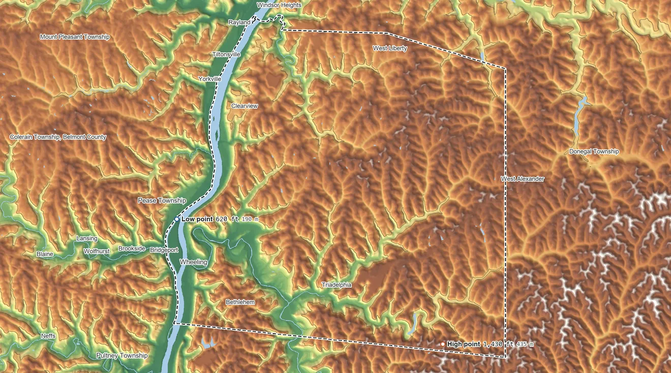 Topographic elevation map of Ohio County, West Virginia, shaded from 620 ft on the west side to 1,430 ft on the southeast side