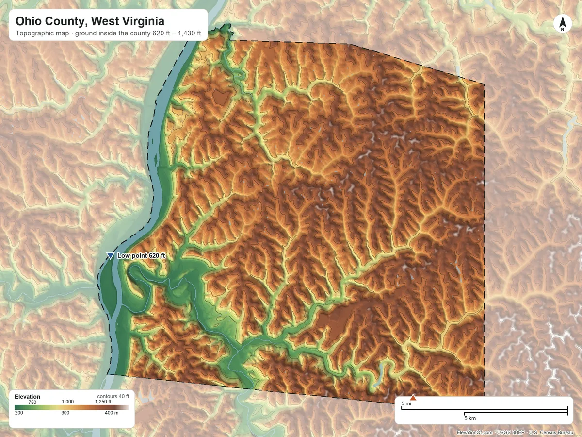 Topographic elevation map of Ohio County, West Virginia, shaded from 620 ft on the west side to 1,430 ft on the southeast side