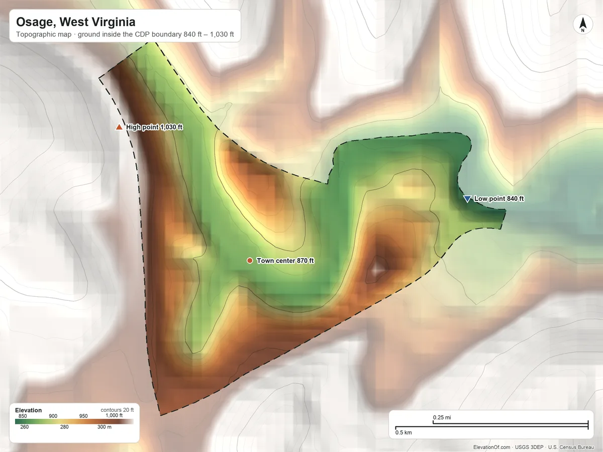 Topographic elevation map of Osage, West Virginia, shaded from 840 ft on the east side to 1,030 ft on the northwest edge, below higher ground just outside