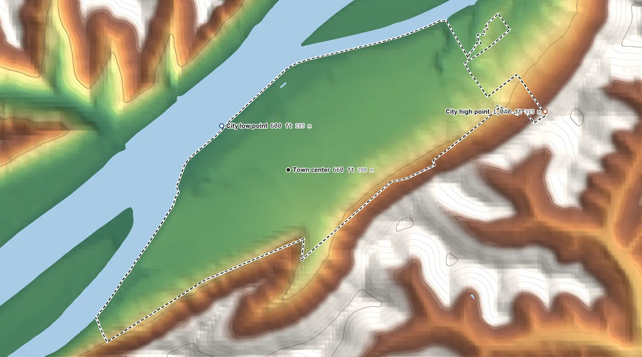 Topographic elevation map of Paden City, West Virginia, shaded from 600 ft on the northwest side to 1,040 ft on the east side