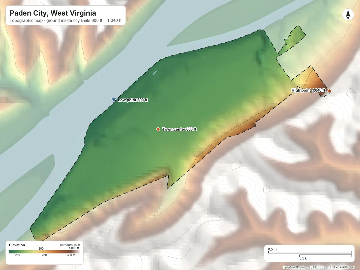 Topographic elevation map of Paden City, West Virginia, shaded from 600 ft on the northwest side to 1,040 ft on the east side