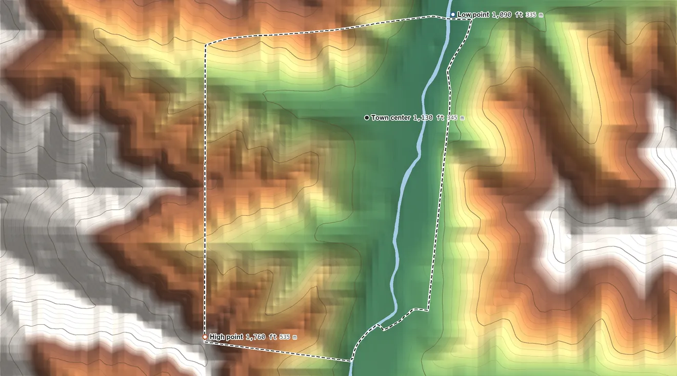 Topographic elevation map of Page, West Virginia, shaded from 1,090 ft on the northeast side to 1,760 ft on the southwest edge, below higher ground just outside