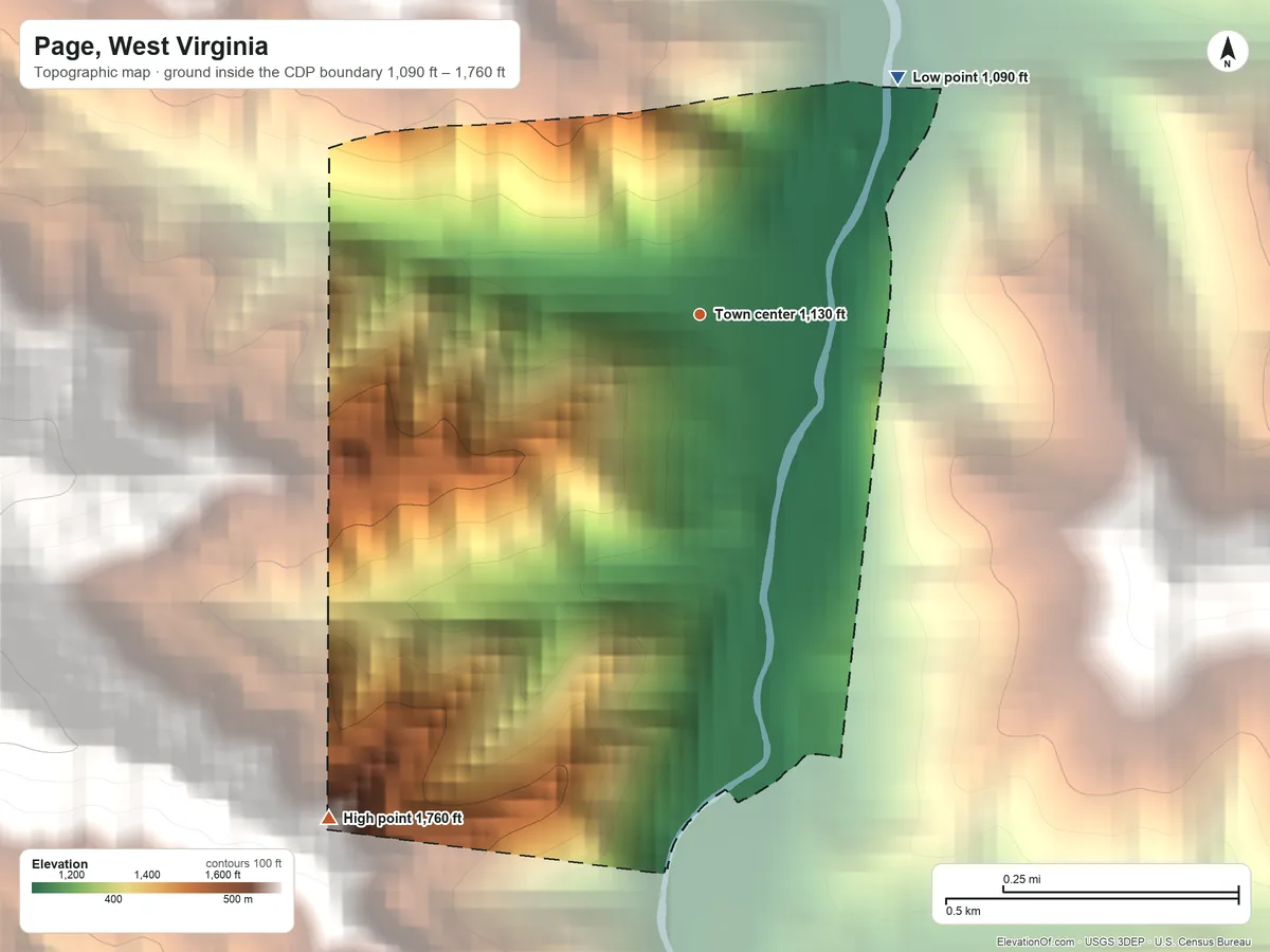 Topographic elevation map of Page, West Virginia, shaded from 1,090 ft on the northeast side to 1,760 ft on the southwest edge, below higher ground just outside