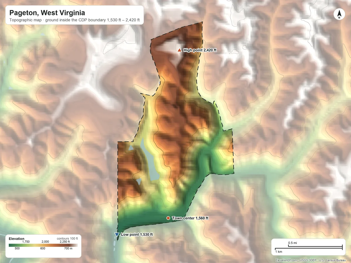 Topographic elevation map of Pageton, West Virginia, shaded from 1,530 ft on the west side to 2,420 ft on the north side