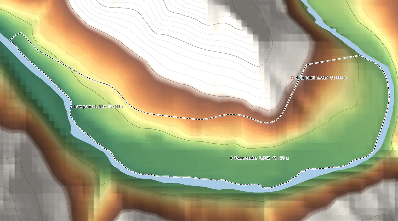 Topographic elevation map of Parcoal, West Virginia, shaded from 1,520 ft on the west side to 1,810 ft on the northeast edge, below higher ground just outside