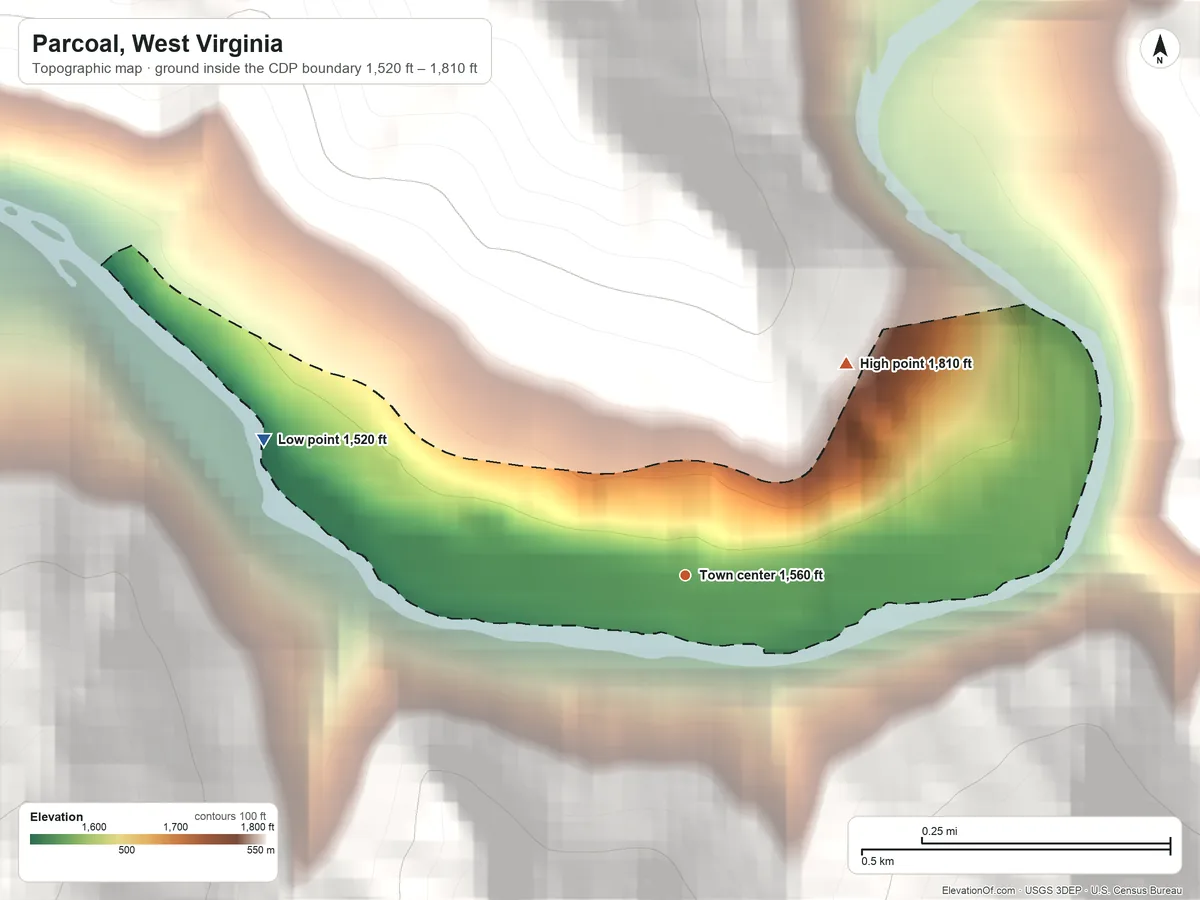 Topographic elevation map of Parcoal, West Virginia, shaded from 1,520 ft on the west side to 1,810 ft on the northeast edge, below higher ground just outside