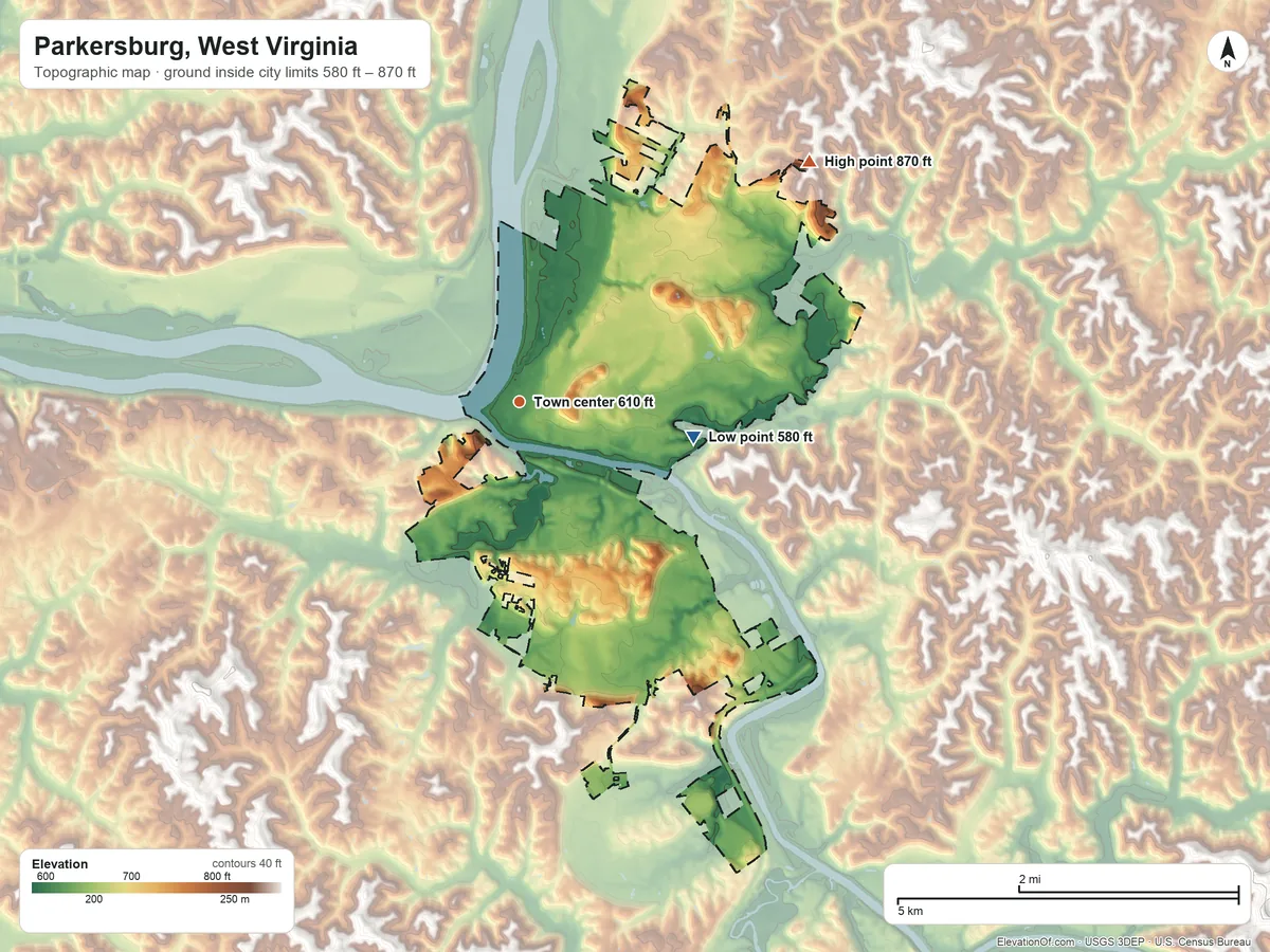 Topographic elevation map of Parkersburg, West Virginia, shaded from 580 ft on the east side to 870 ft on the northeast side