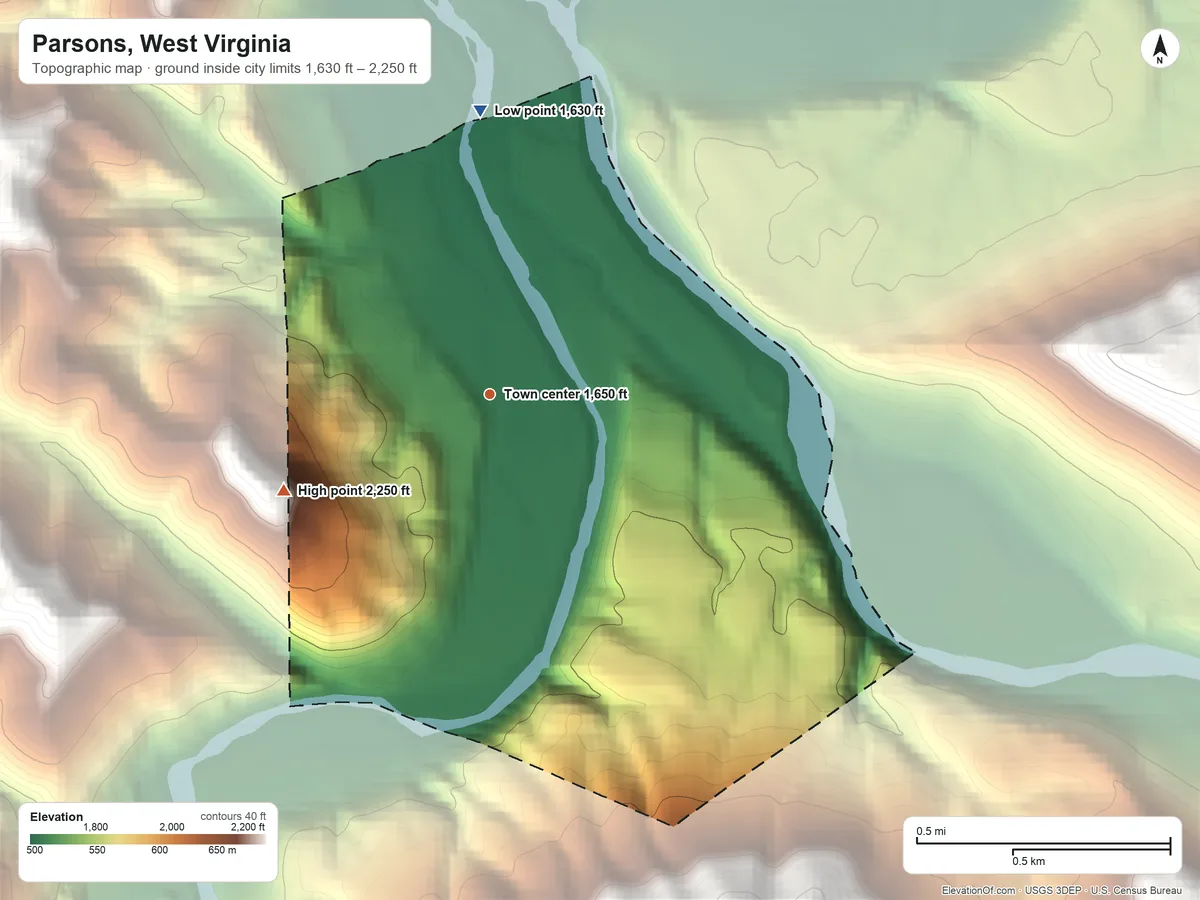 Topographic elevation map of Parsons, West Virginia, shaded from 1,630 ft on the north side to 2,250 ft at the foot of the Backbone Mountain