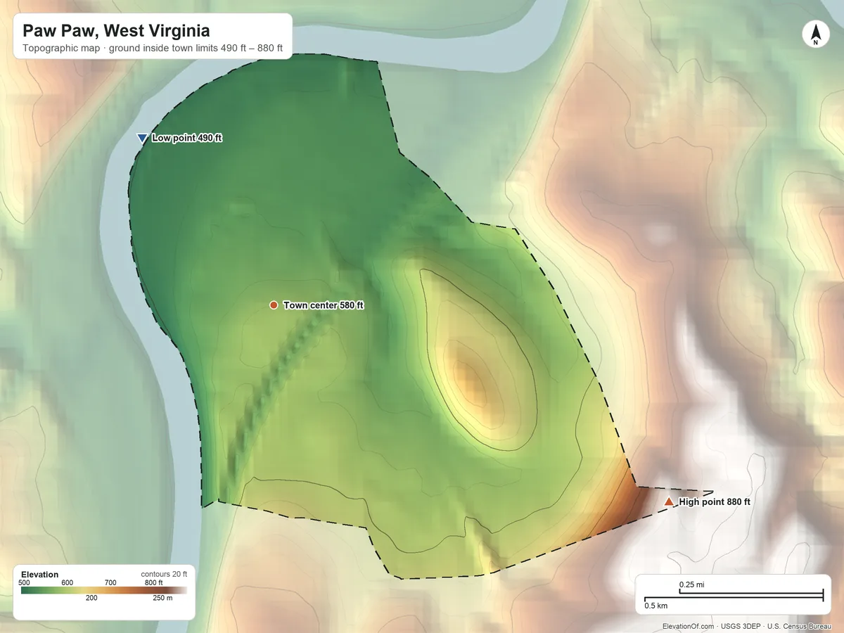Topographic elevation map of Paw Paw, West Virginia, shaded from 490 ft on the northwest side to 880 ft on the southeast edge, below higher ground just outside