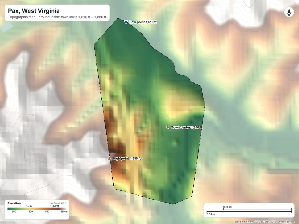 Topographic elevation map of Pax, West Virginia, shaded from 1,610 ft on the north side to 1,850 ft at the foot of the Guyandotte Mountain