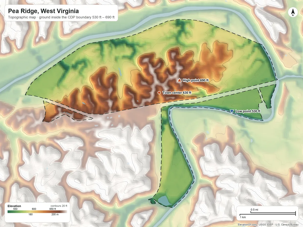 Topographic elevation map of Pea Ridge, West Virginia, shaded from 530 ft on the east side to 690 ft near the middle