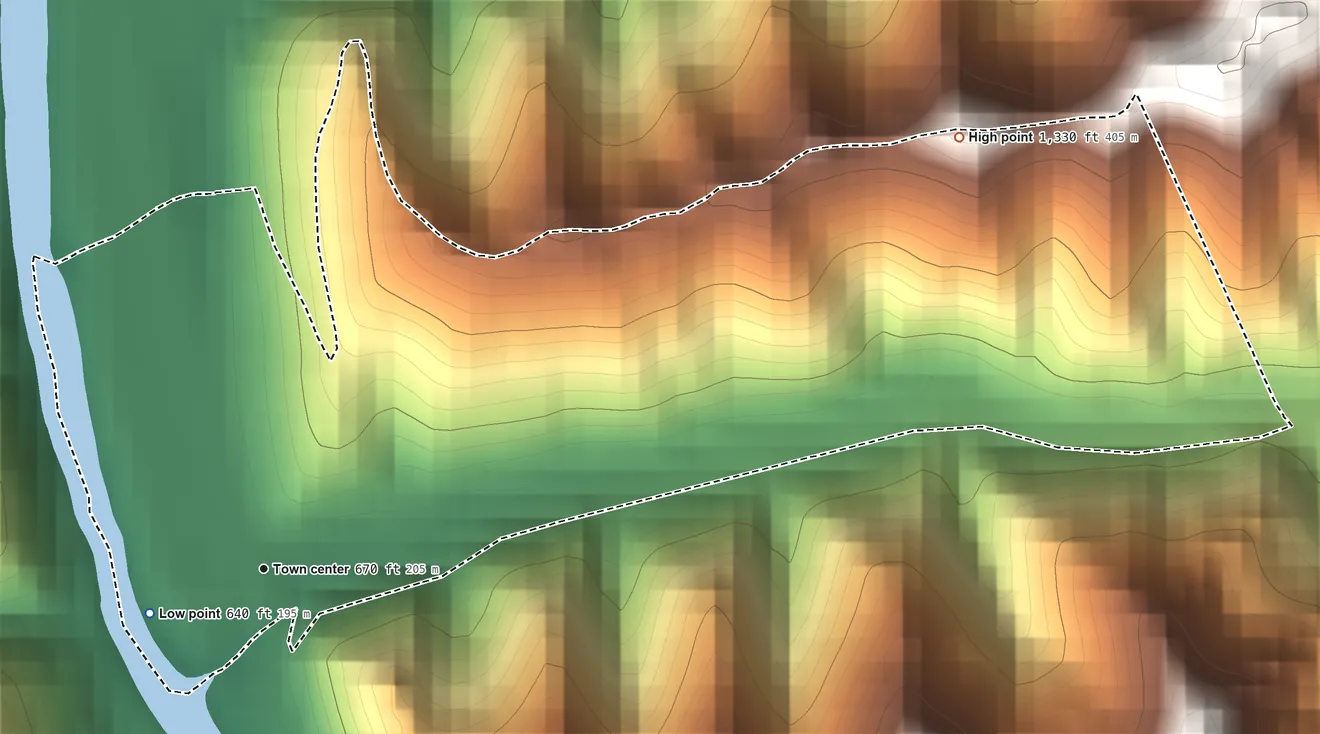 Topographic elevation map of Peach Creek, West Virginia, shaded from 640 ft near the middle to 1,330 ft on the northeast edge, below higher ground just outside