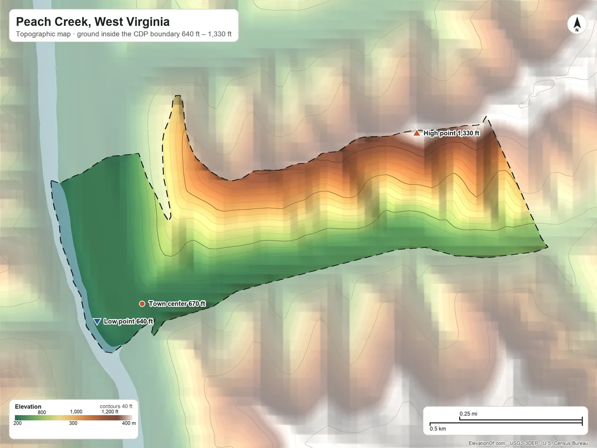 Topographic elevation map of Peach Creek, West Virginia, shaded from 640 ft near the middle to 1,330 ft on the northeast edge, below higher ground just outside