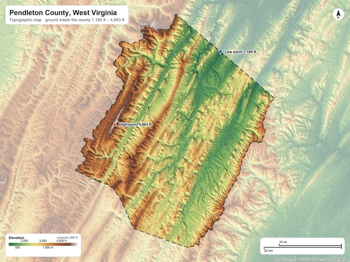 Topographic elevation map of Pendleton County, West Virginia, shaded from 1,160 ft on the northeast side to 4,863 ft on Spruce Mountain