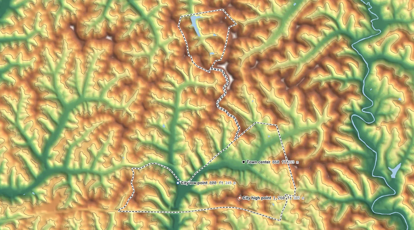 Topographic elevation map of Pennsboro, West Virginia, shaded from 800 ft on the west side to 1,260 ft on the south side