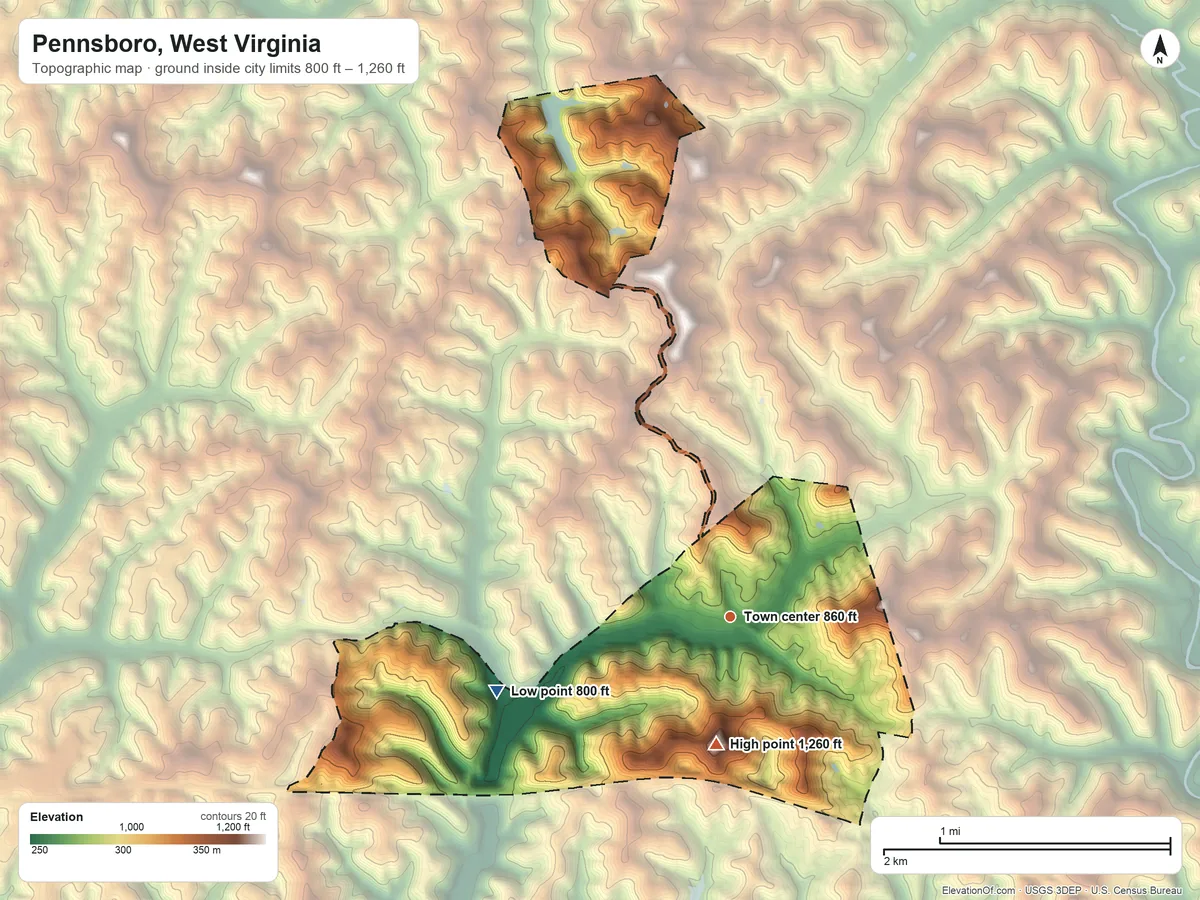 Topographic elevation map of Pennsboro, West Virginia, shaded from 800 ft on the west side to 1,260 ft on the south side