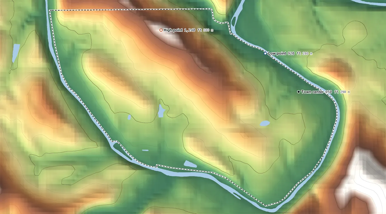 Topographic elevation map of Pentress, West Virginia, shaded from 920 ft on the northwest side to 1,240 ft on the northwest side