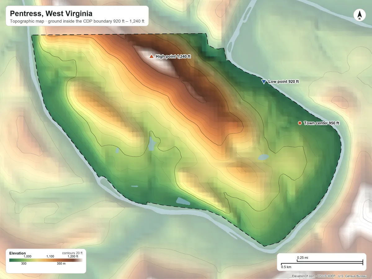 Topographic elevation map of Pentress, West Virginia, shaded from 920 ft on the northwest side to 1,240 ft on the northwest side