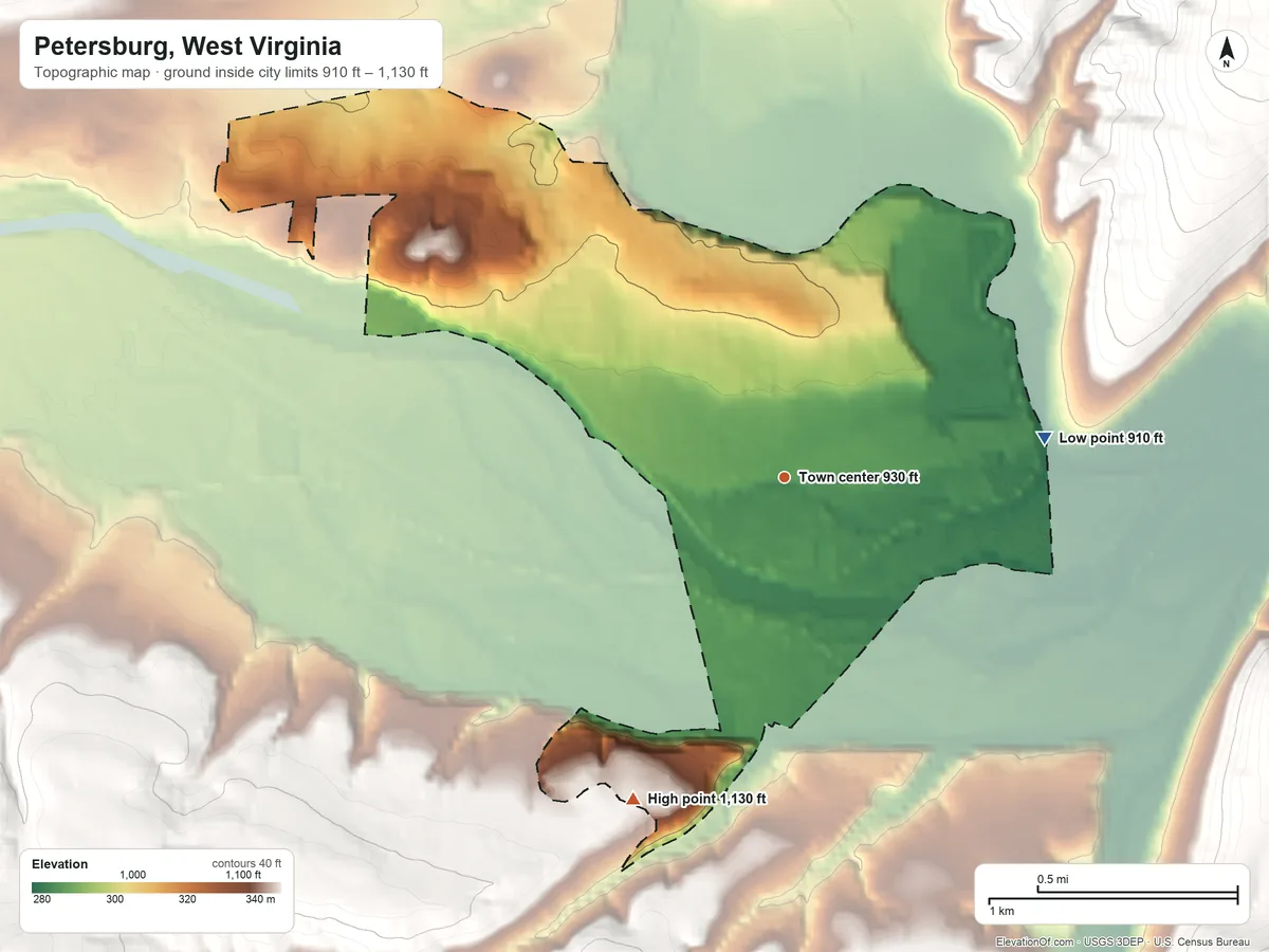 Topographic elevation map of Petersburg, West Virginia, shaded from 910 ft on the east side to 1,130 ft on the southwest edge, below higher ground just outside