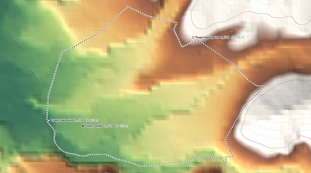 Topographic elevation map of Peterstown, West Virginia, shaded from 1,590 ft on the west side to 1,780 ft on the northeast edge, below higher ground just outside