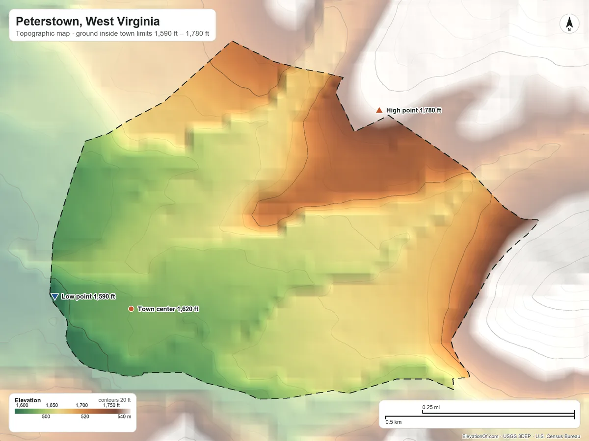 Topographic elevation map of Peterstown, West Virginia, shaded from 1,590 ft on the west side to 1,780 ft on the northeast edge, below higher ground just outside