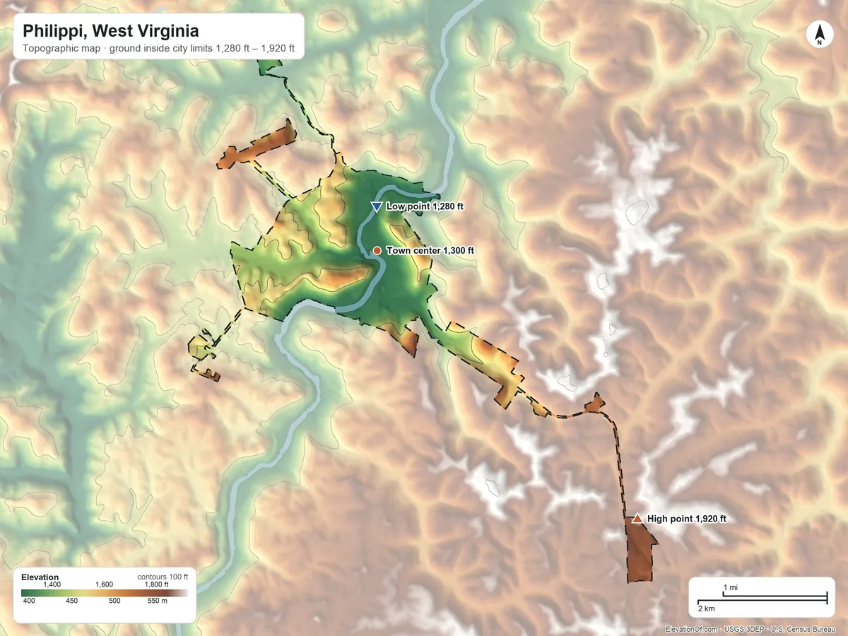 Topographic elevation map of Philippi, West Virginia, shaded from 1,280 ft near the middle to 1,920 ft on the southeast side