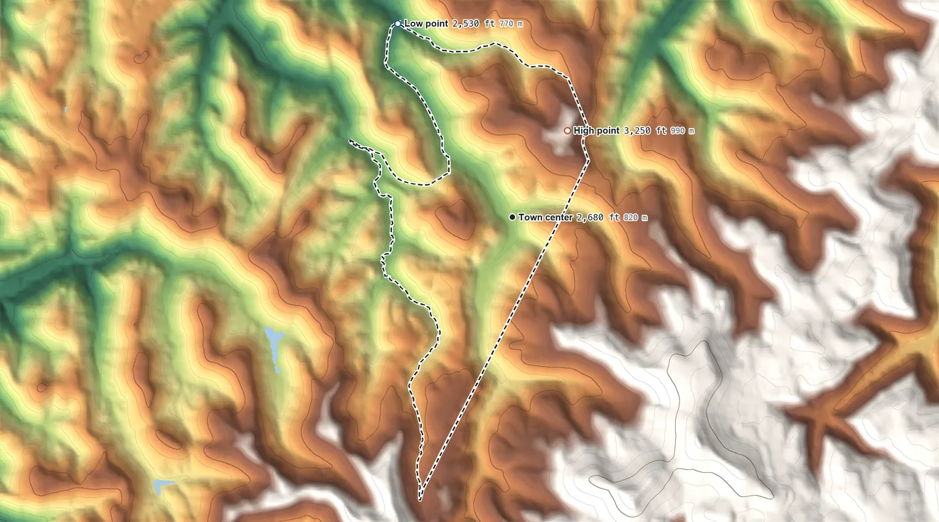 Topographic elevation map of Pickens, West Virginia, shaded from 2,530 ft on the northwest side to 3,250 ft on the northeast edge, below higher ground just outside