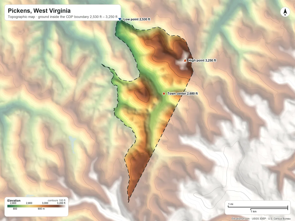 Topographic elevation map of Pickens, West Virginia, shaded from 2,530 ft on the northwest side to 3,250 ft on the northeast edge, below higher ground just outside