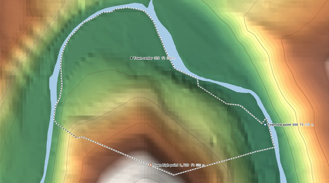 Topographic elevation map of Piedmont, West Virginia, shaded from 880 ft on the southeast side to 1,710 ft on the south edge, below higher ground just outside
