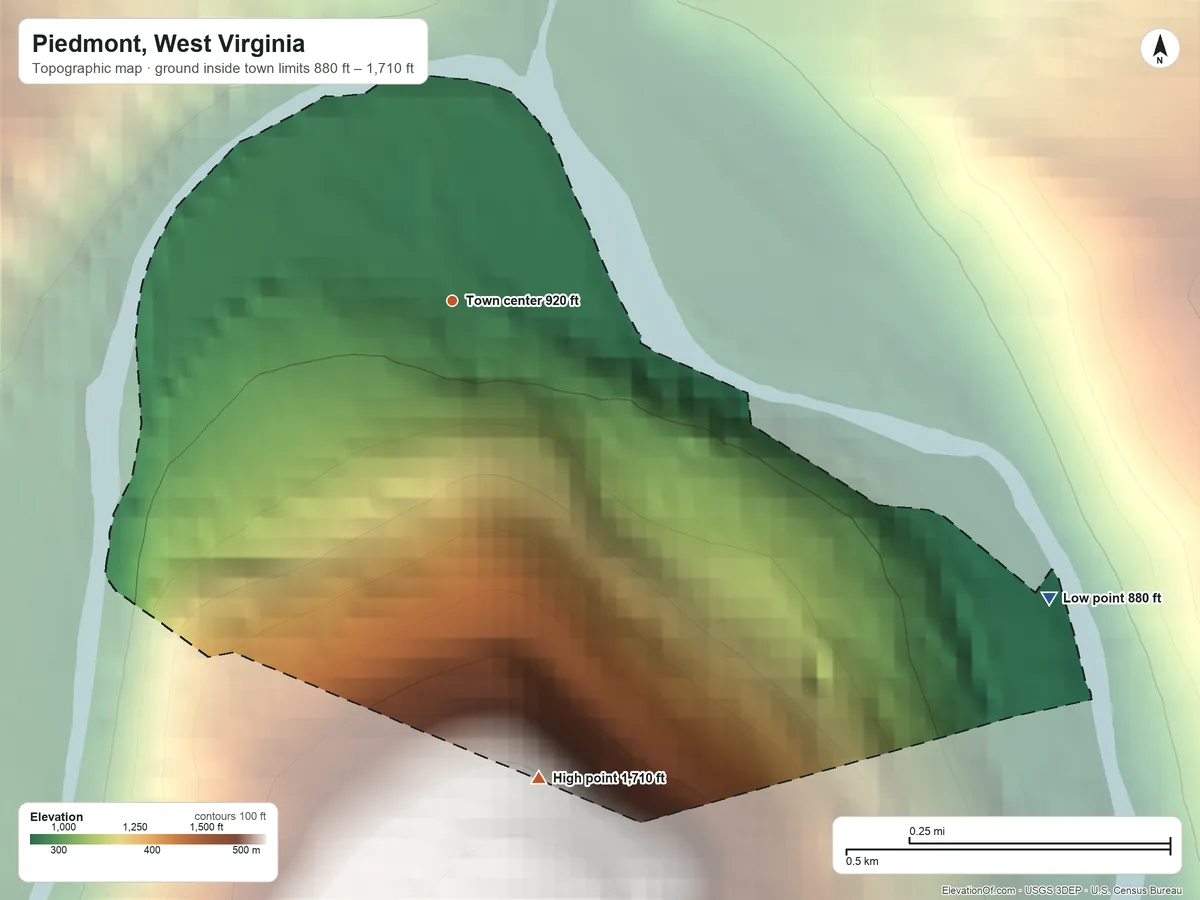 Topographic elevation map of Piedmont, West Virginia, shaded from 880 ft on the southeast side to 1,710 ft on the south edge, below higher ground just outside
