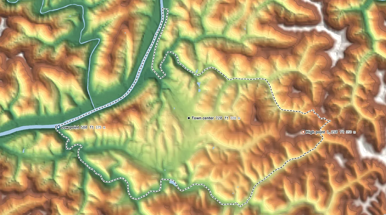 Topographic elevation map of Pinch, West Virginia, shaded from 580 ft on the west side to 1,150 ft on the east side