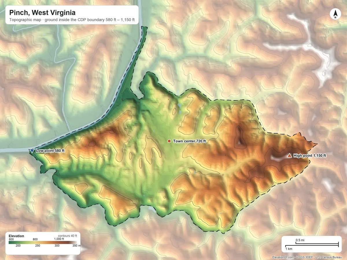 Topographic elevation map of Pinch, West Virginia, shaded from 580 ft on the west side to 1,150 ft on the east side