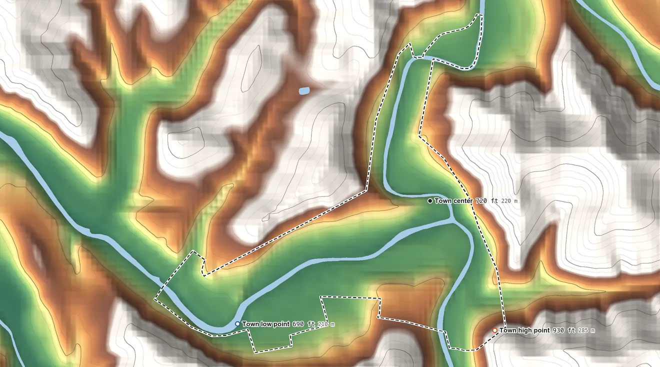 Topographic elevation map of Pine Grove, West Virginia, shaded from 690 ft on the southwest side to 930 ft on the southeast edge, below higher ground just outside