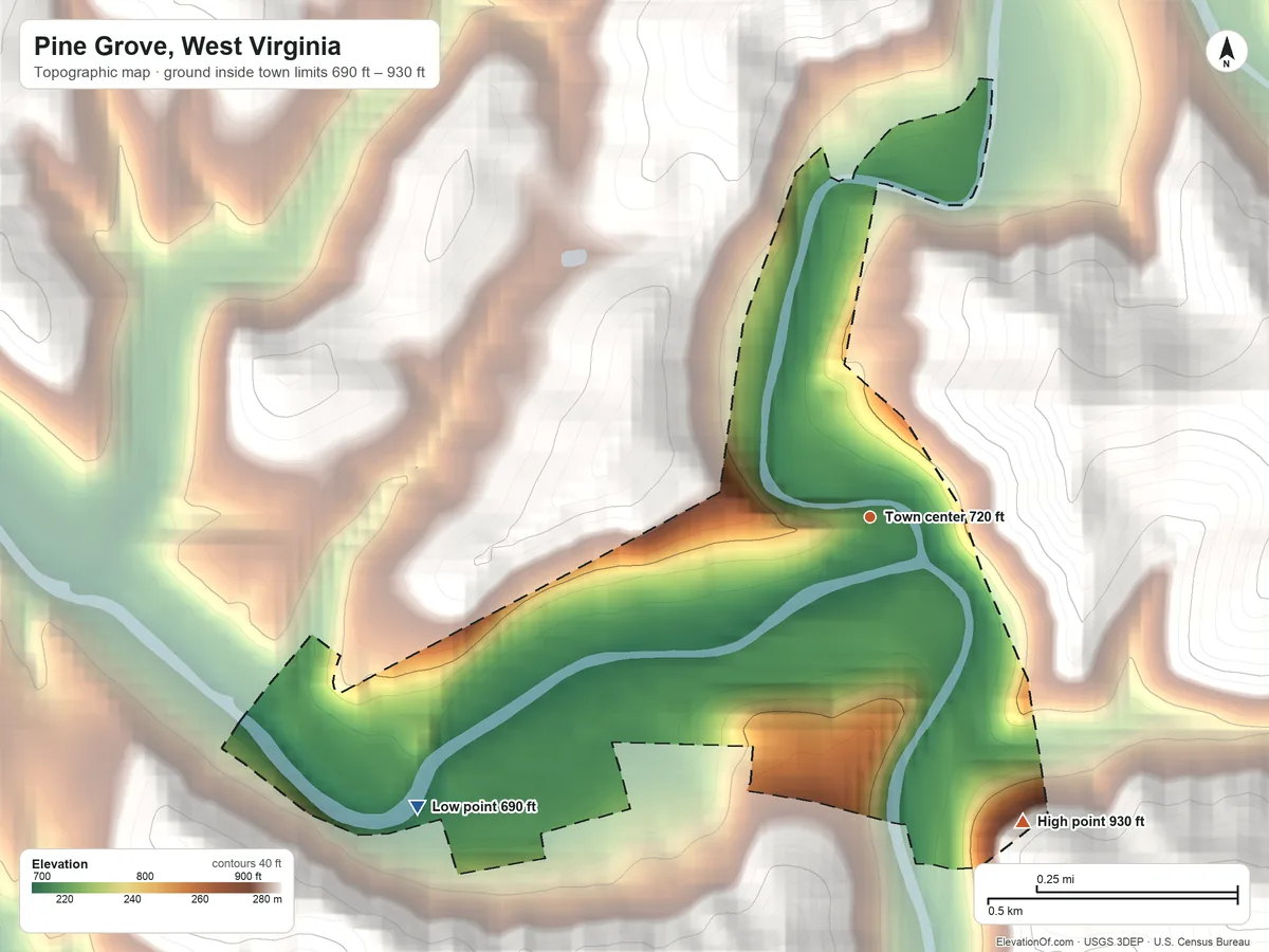 Topographic elevation map of Pine Grove, West Virginia, shaded from 690 ft on the southwest side to 930 ft on the southeast edge, below higher ground just outside