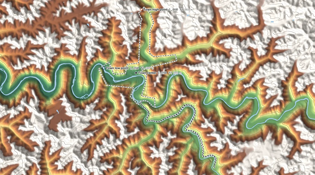Topographic elevation map of Pineville, West Virginia, shaded from 1,260 ft on the west side to 1,860 ft at the foot of the Huff Mountain