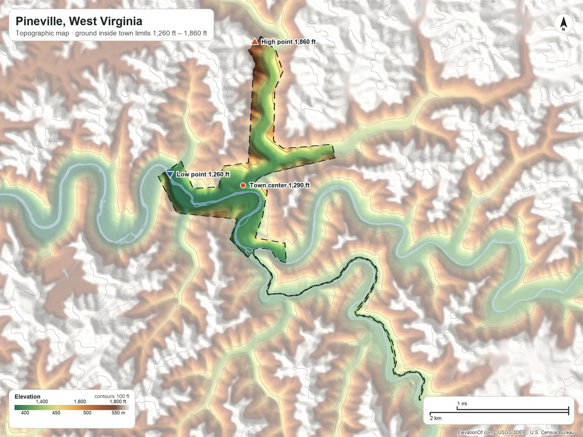 Topographic elevation map of Pineville, West Virginia, shaded from 1,260 ft on the west side to 1,860 ft at the foot of the Huff Mountain