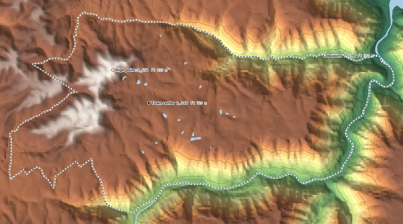 Topographic elevation map of Piney View, West Virginia, shaded from 1,190 ft on the east side to 2,650 ft on Batoff Mountain