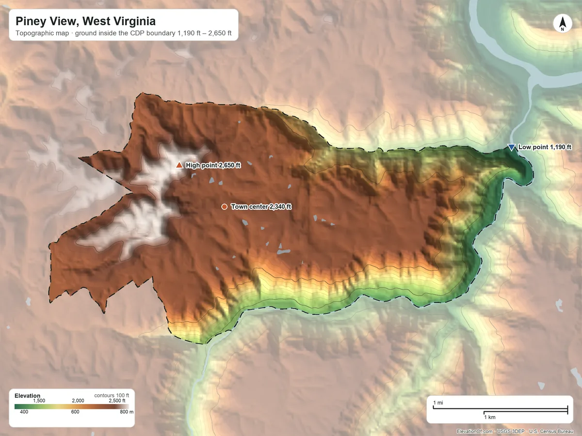 Topographic elevation map of Piney View, West Virginia, shaded from 1,190 ft on the east side to 2,650 ft on Batoff Mountain