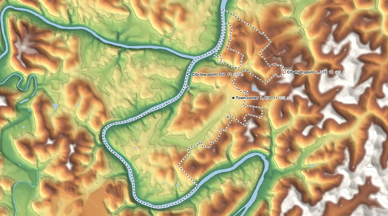Topographic elevation map of Pleasant Valley, West Virginia, shaded from 860 ft on the northwest side to 1,320 ft on the northeast side