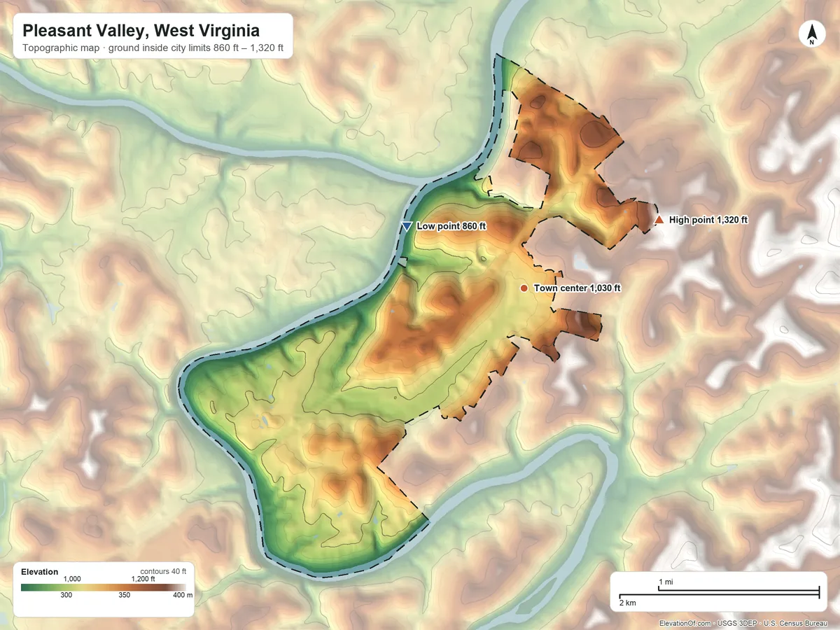 Topographic elevation map of Pleasant Valley, West Virginia, shaded from 860 ft on the northwest side to 1,320 ft on the northeast side