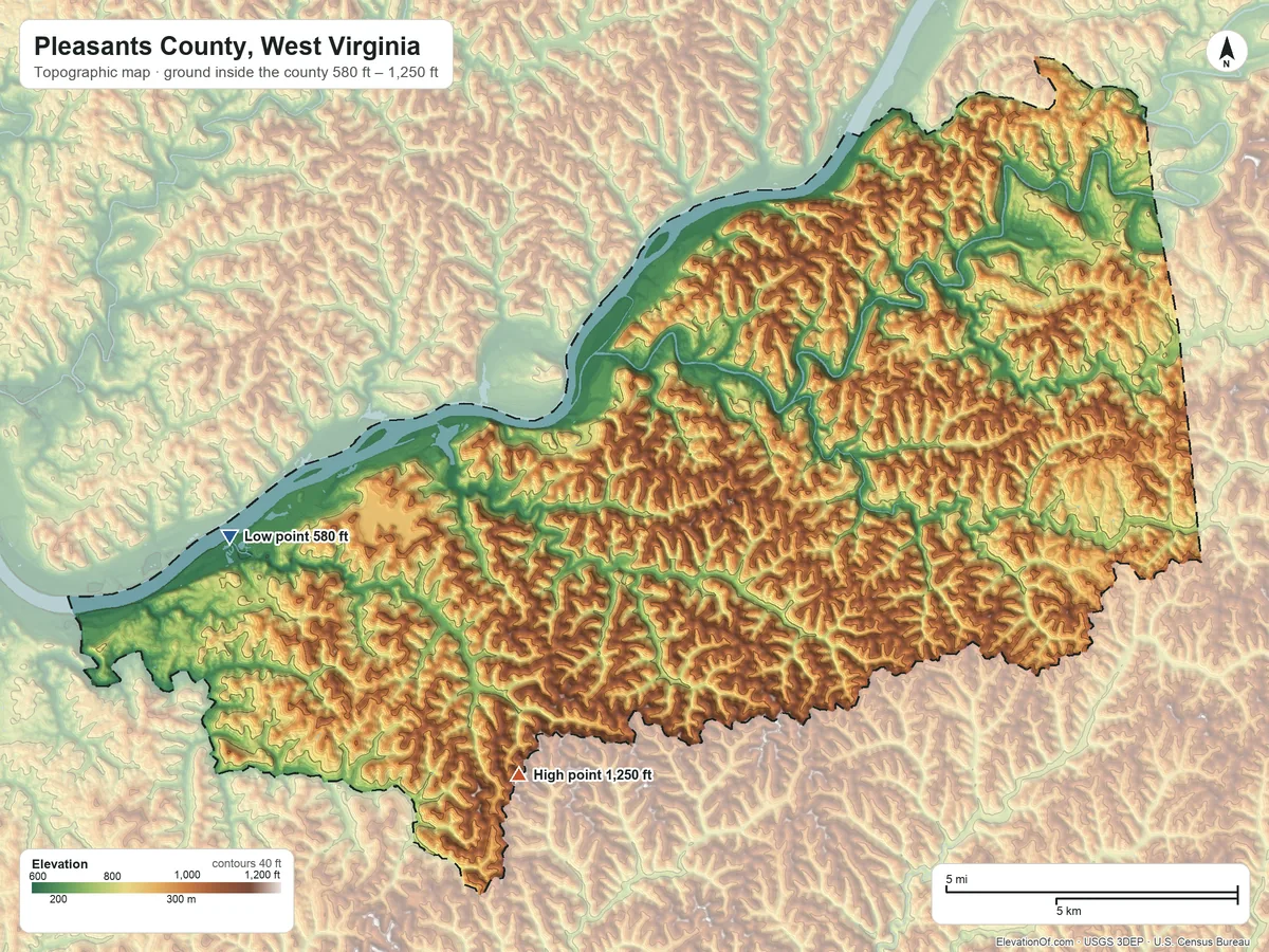 Topographic elevation map of Pleasants County, West Virginia, shaded from 580 ft on the west side to 1,250 ft on the south side
