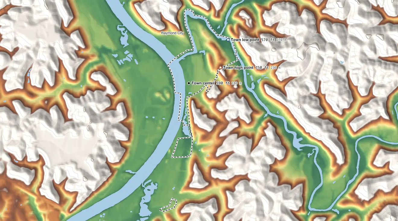 Topographic elevation map of Poca, West Virginia, shaded from 570 ft on the northeast side to 750 ft on the northeast side