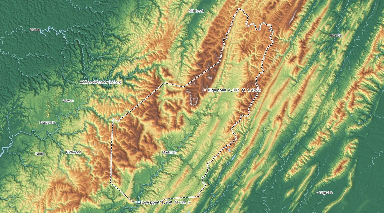 Topographic elevation map of Pocahontas County, West Virginia, shaded from 1,960 ft on the southwest side to 4,842 ft on Bald Knob