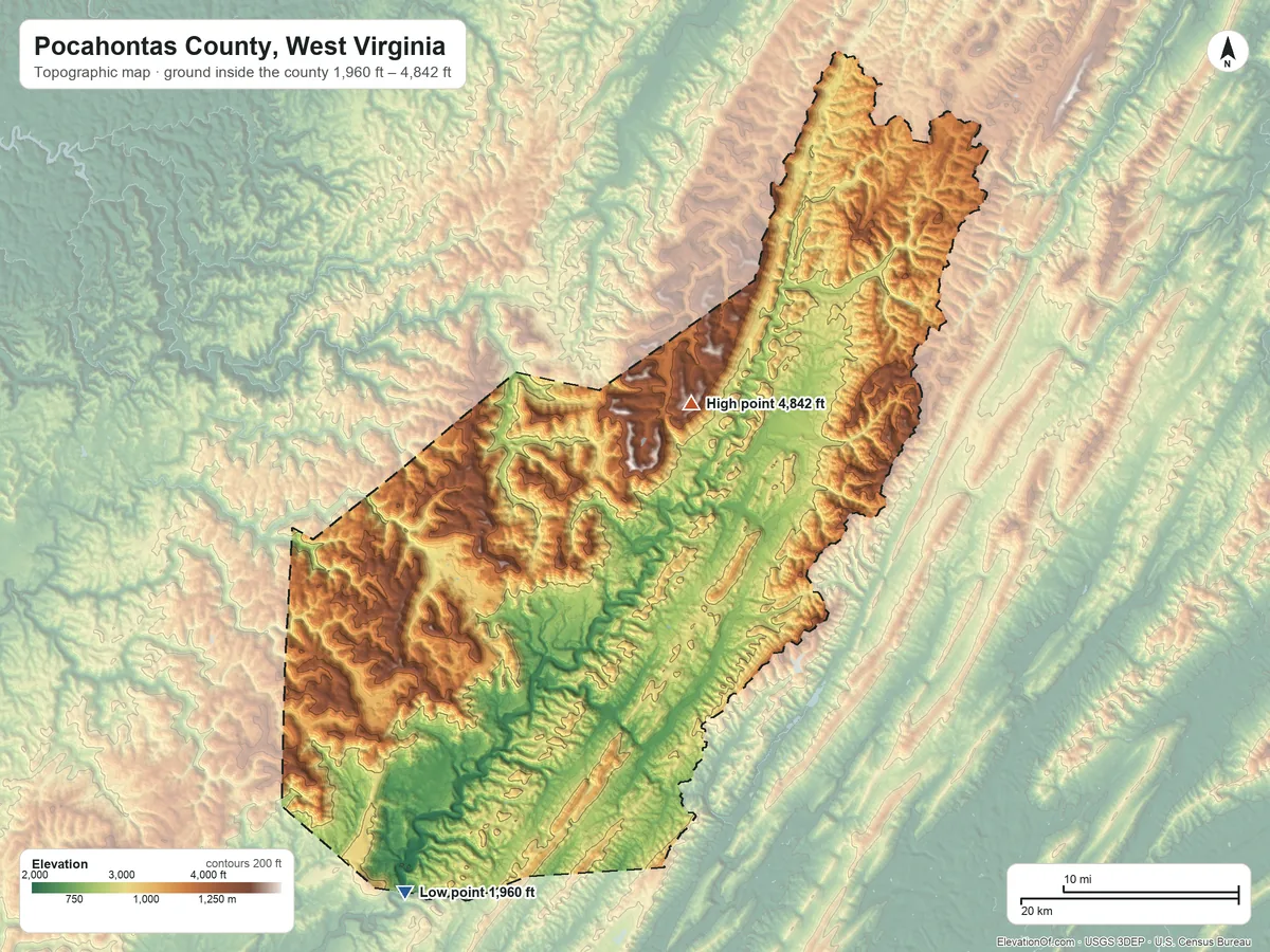 Topographic elevation map of Pocahontas County, West Virginia, shaded from 1,960 ft on the southwest side to 4,842 ft on Bald Knob