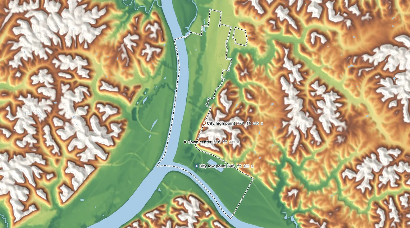 Topographic elevation map of Point Pleasant, West Virginia, shaded from 540 ft on the southeast side to 770 ft on the northeast side