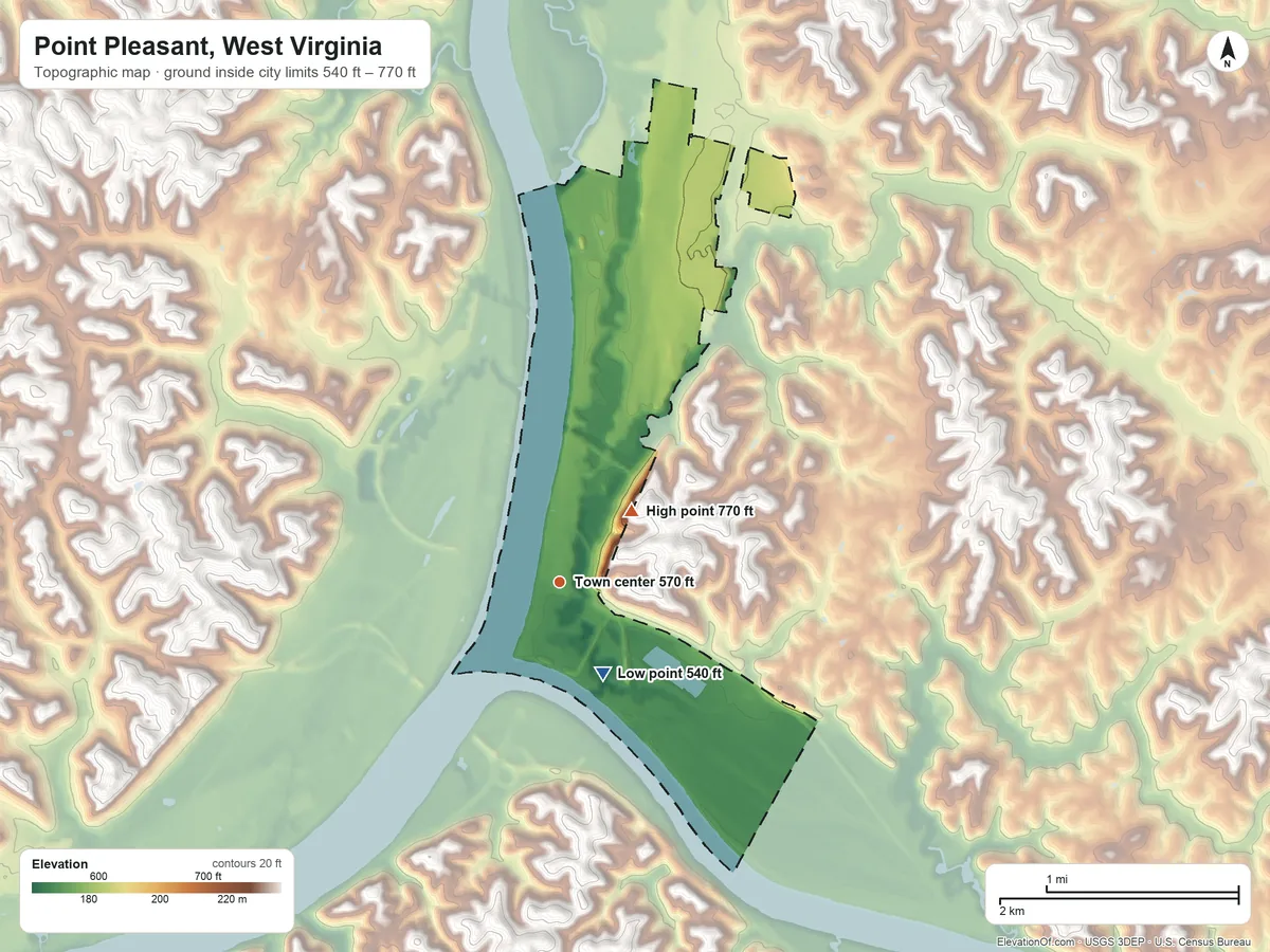 Topographic elevation map of Point Pleasant, West Virginia, shaded from 540 ft on the southeast side to 770 ft on the northeast side